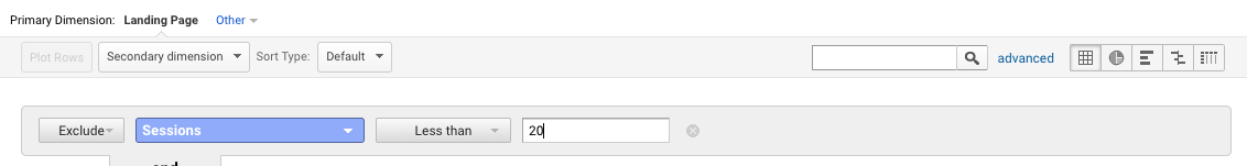 Google Analytics advanced filter setting for excluding landing pages with less than 20 sessions
