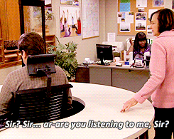 Ron Swanson from Parks and Recreation swivels his chair around slowly. A member of the public says, "Sir? Sir... ar-are you listening to me, Sir?"
