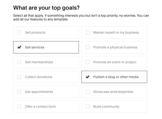 Squarespace's "What are your top goals?" form. The form is a checklist many business-related goals, including "Sell services" or "Publish a blog"