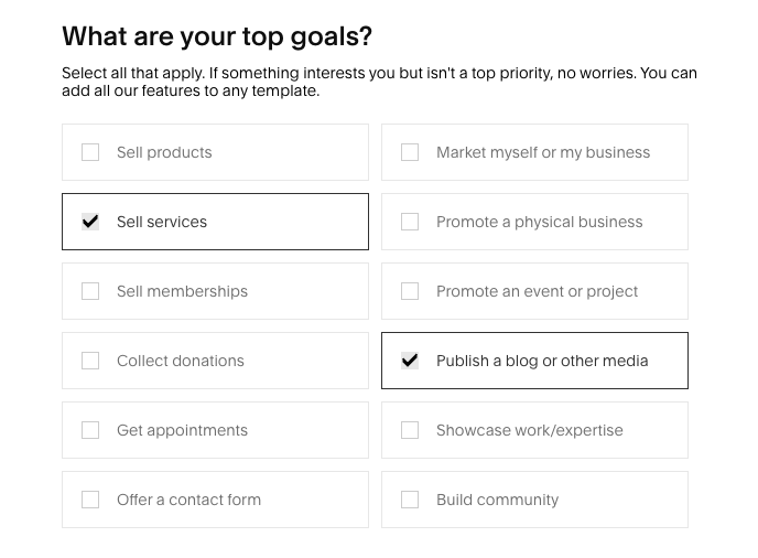 Squarespace's "What are your top goals?" form. The form is a checklist many business-related goals, including "Sell services" or "Publish a blog" 