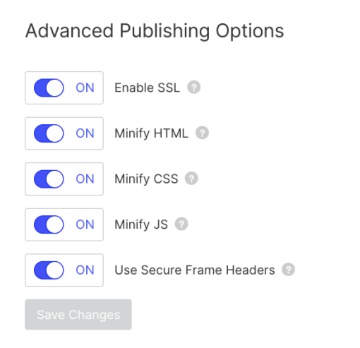 Screenshot of Webflow menu with toggle switches to enable SSL, minify assets, and use secure frame headers