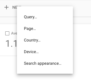 Screenshot from Google Search Console displaying available filters: Query, Page, Country, Device, Search Appearance