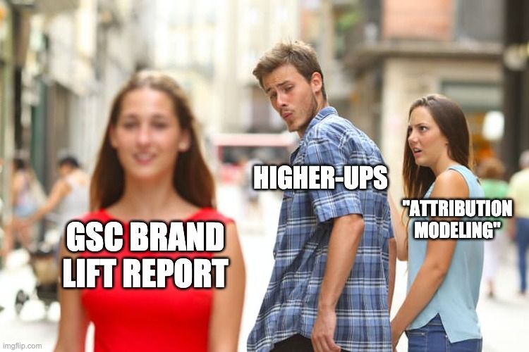 The distracted boyfriend of "higher-ups" turns away from attribution modeling to look at the GSC brand lift report.