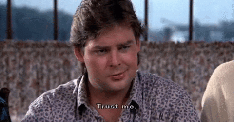 A guy in a leopard print shirt says "trust me" and raises his eyebrows.