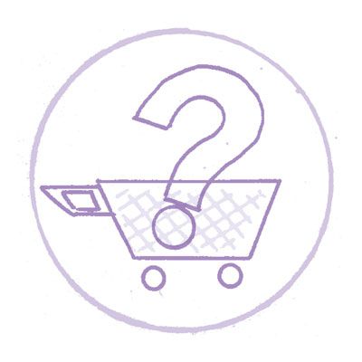 A shopping cart holds a question mark