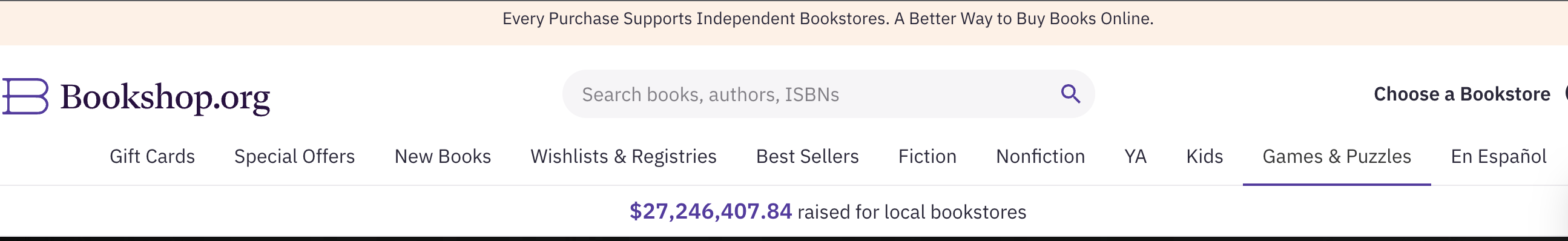 A screenshot of the Bookshop.org homepage showing the more than $27M the company has raised for local bookstores.
