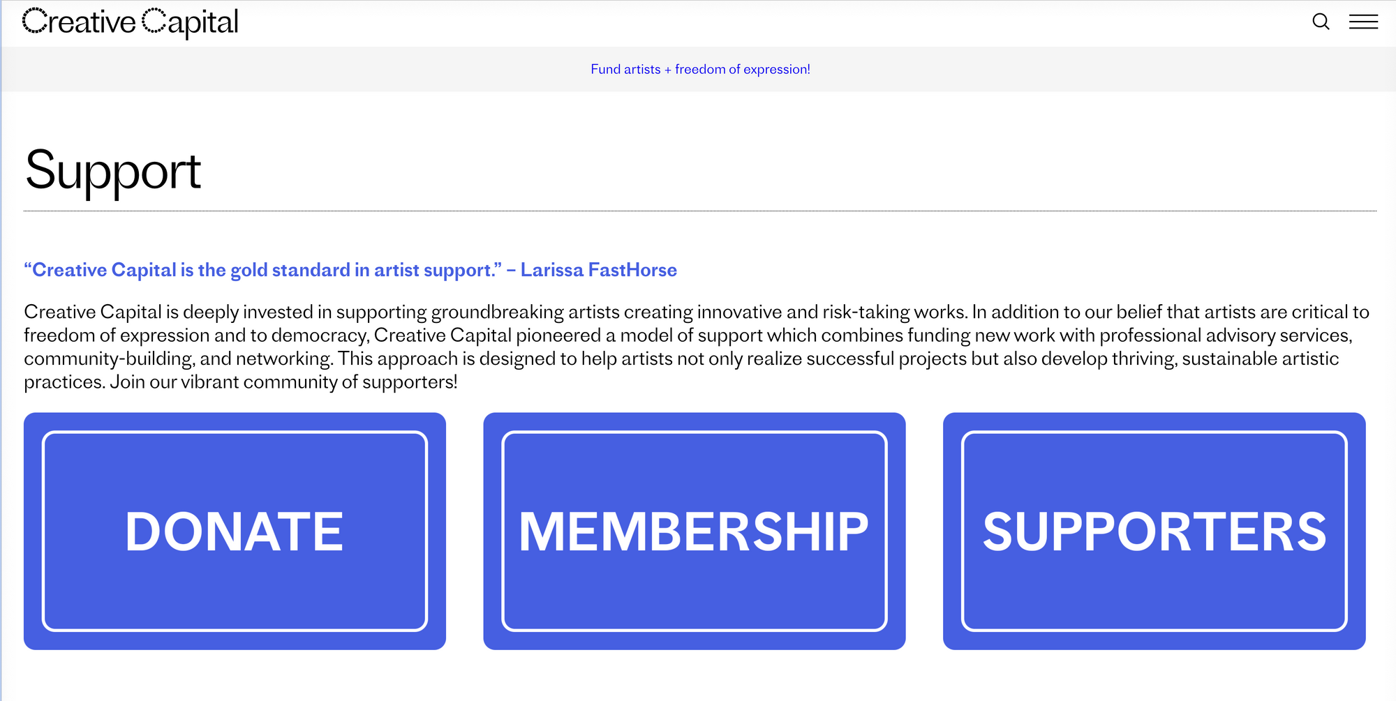 Screenshot from Creative Capital site; support page with oversized CTAs