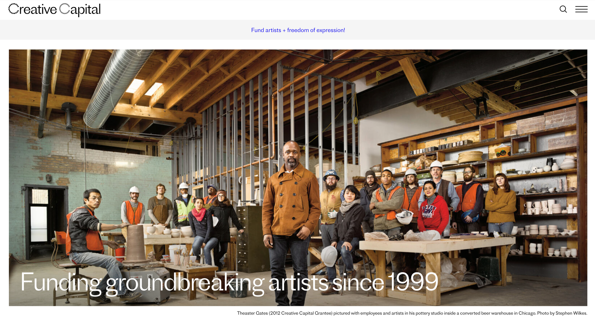 Screenshot of Creative Capital homepage; text reads: Funding groundbreaking artists since 1999