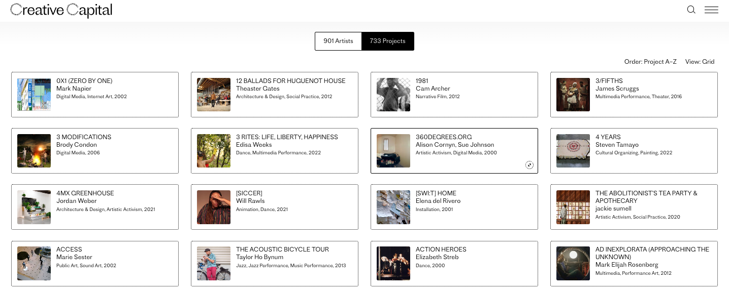 Screenshot of Creative Capital site; thumbnail navigation