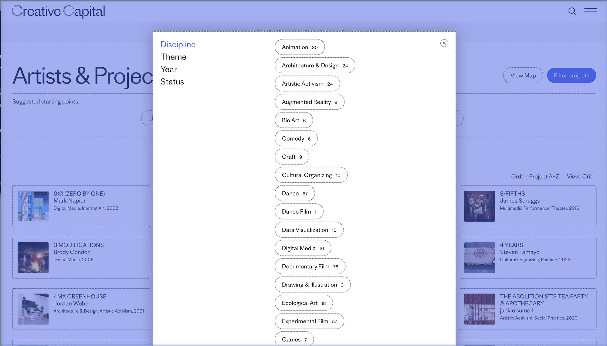 Screenshot of Capital Creative site tags, sorted by Discipline, Theme, Year and Status