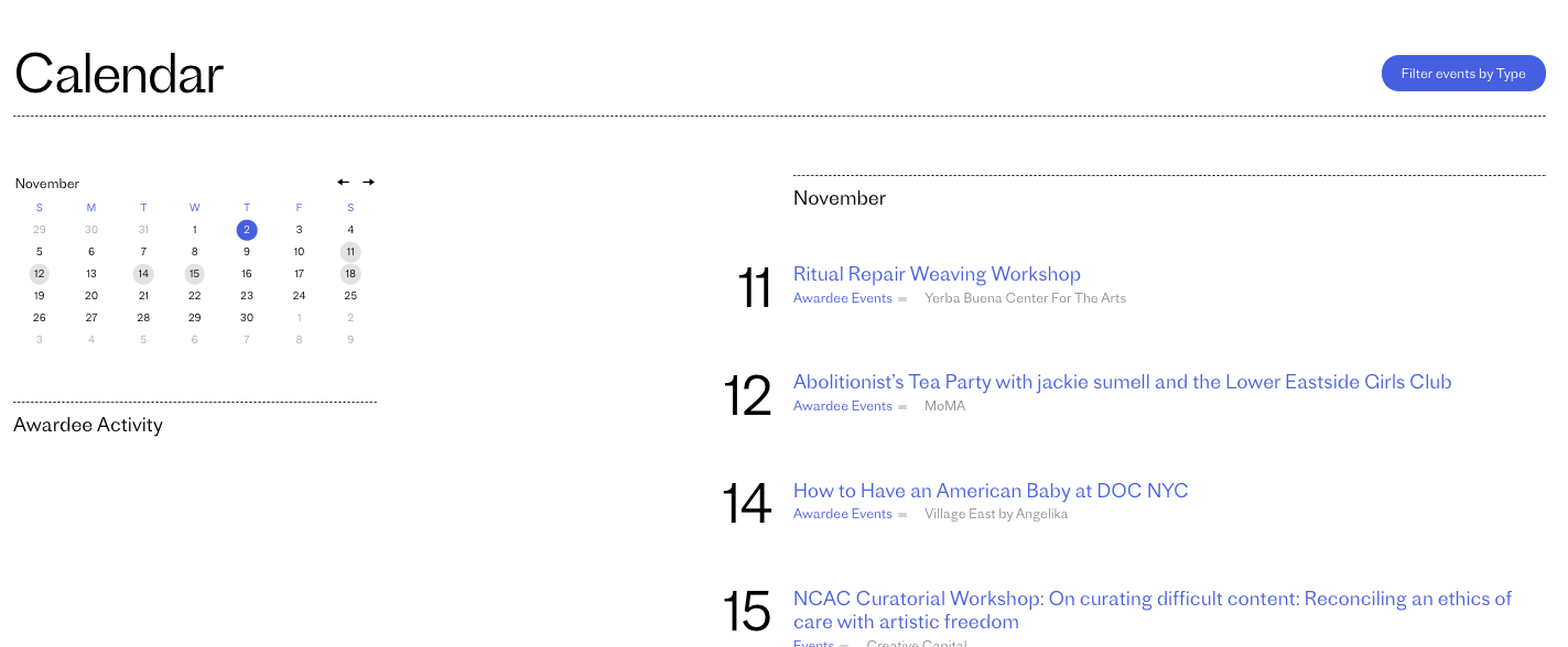 Screenshot from Creative Capital site; calendar of events