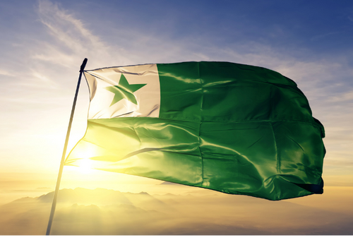 The flag for the nation Esperanto (a green star in a white rectangle in the upper left corner of a green flag)