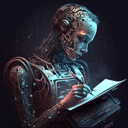 An illustration of a robot with a human face and hands using a geometric compass.